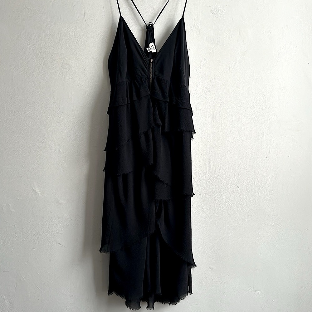 Wilfred Aritzia black silk raw edged tiered dress with spaghetti straps XS-S
